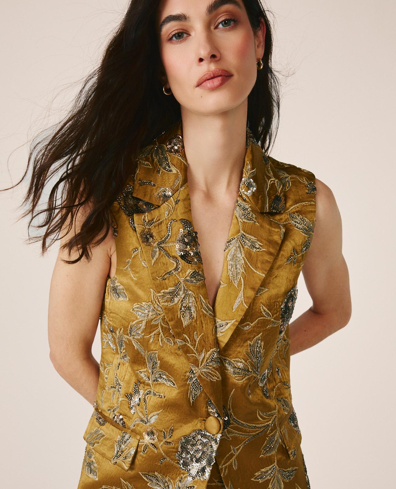 alma-en-pena-floral-vest-taillierte-satin-weste-khaki image 2