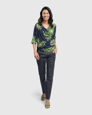 alembika-moku-draped-dolman-top-royal-green-floral-shirt image 2