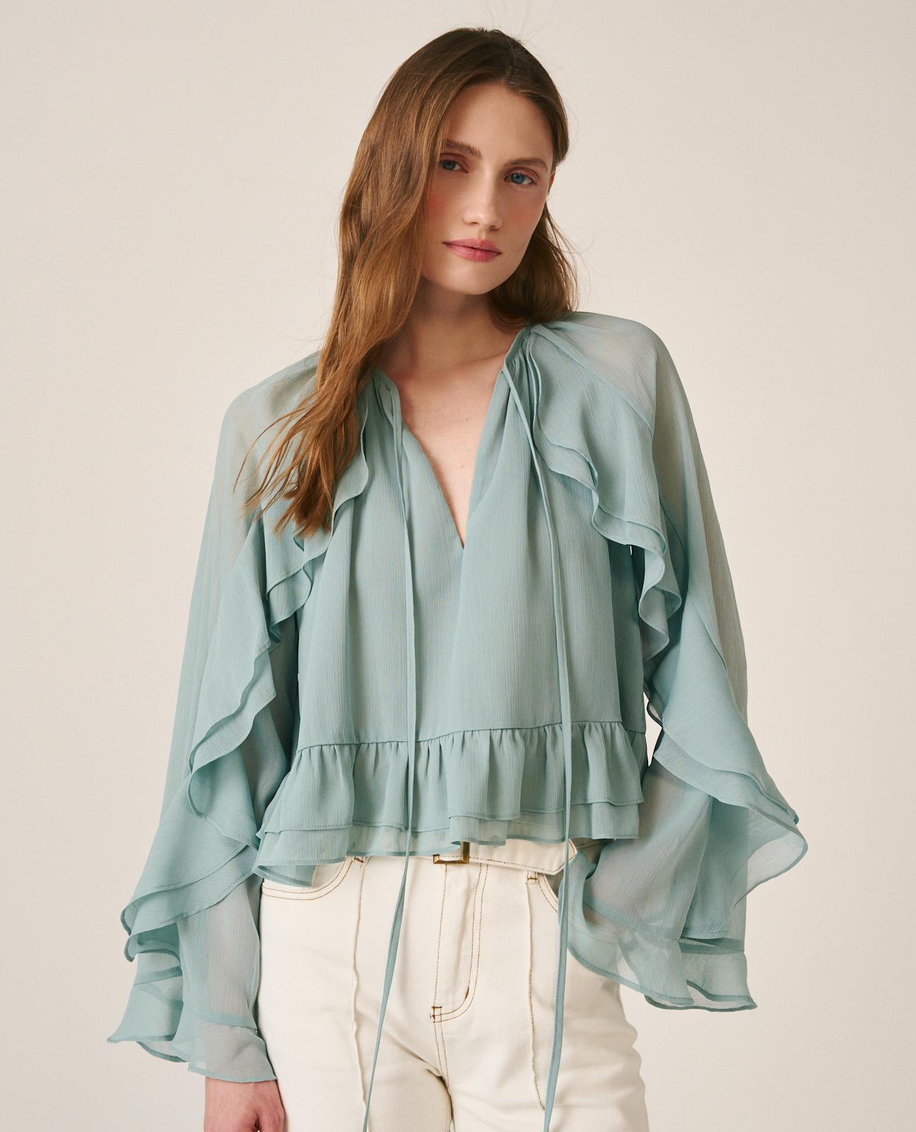 alma-en-pena-langarm-chiffon-bluse-mit-r-schen-rmeln-und-v-ausschnitt-jade image 3