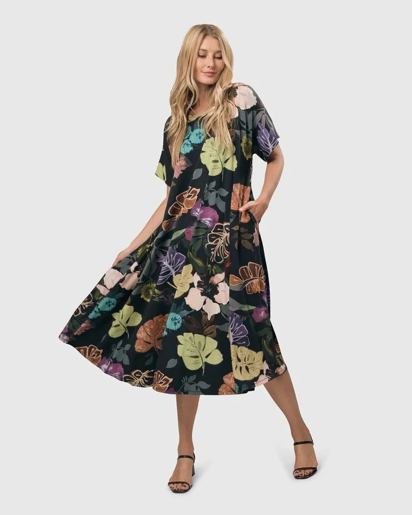 alembika-bali-trapeze-dress-leaves-multi-damen-a-linien-kleid-midi image 1