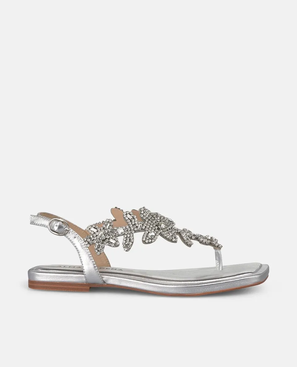 alma-en-pena-flache-sandale-silber-mit-strass-blumen-eckige-kappe-1-cm image 1
