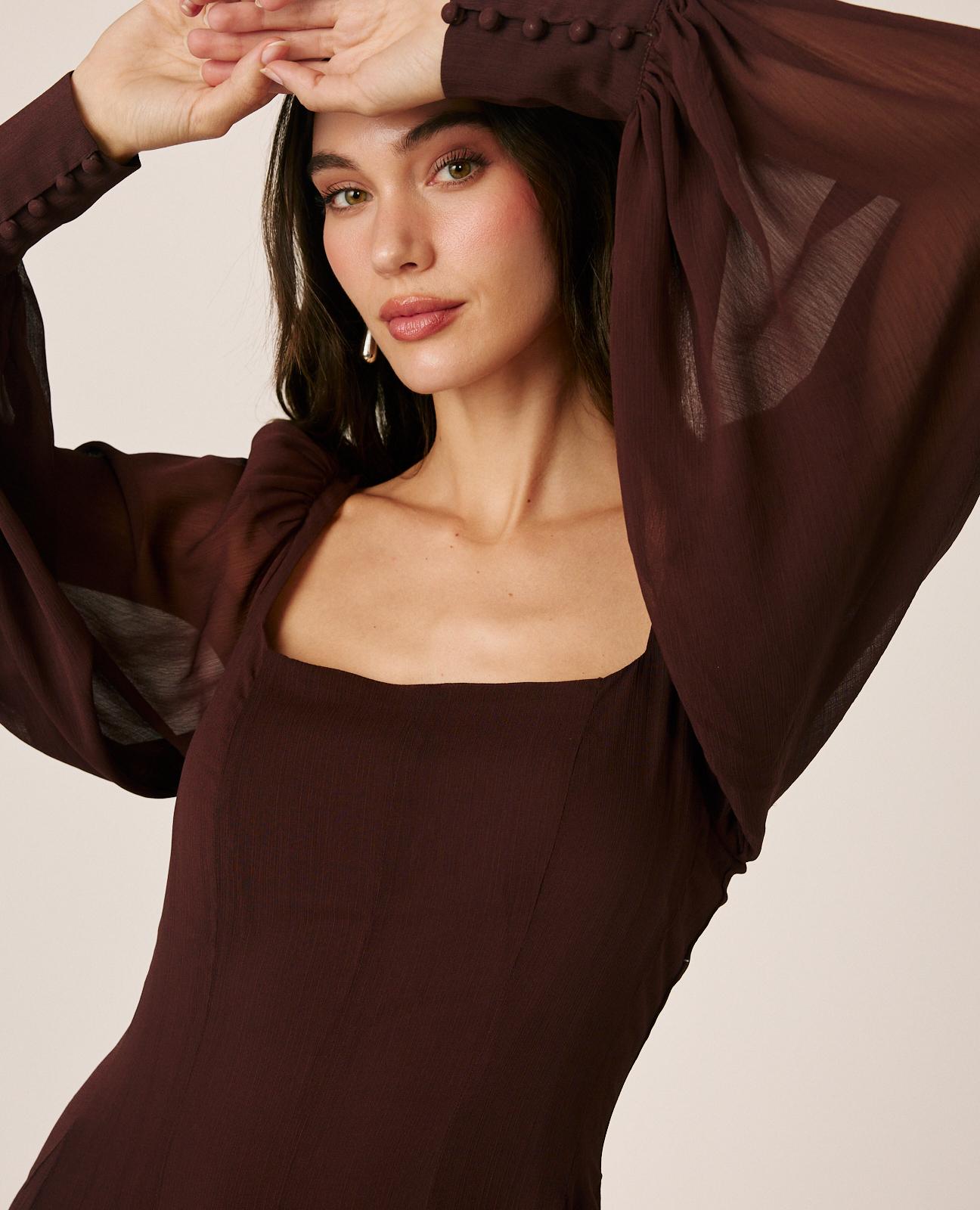 alma-en-pena-langes-chiffonkleid-braun-mit-puff-rmeln image 5