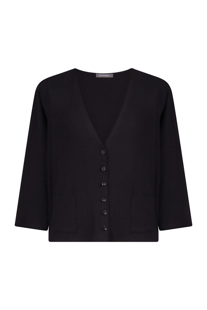 alembika-essential-rib-cardigan-schwarz-v-ausschnitt-strickjacke image 1