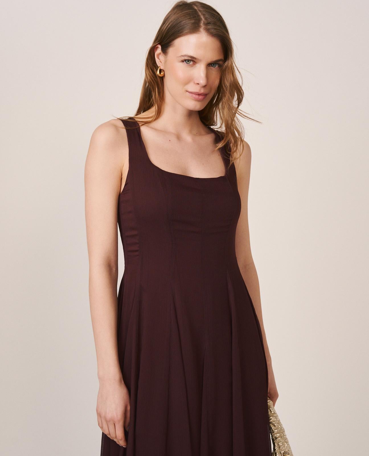 alma-en-pena-midi-chiffonkleid-mit-glockenrock-braun-langes-kleid image 4