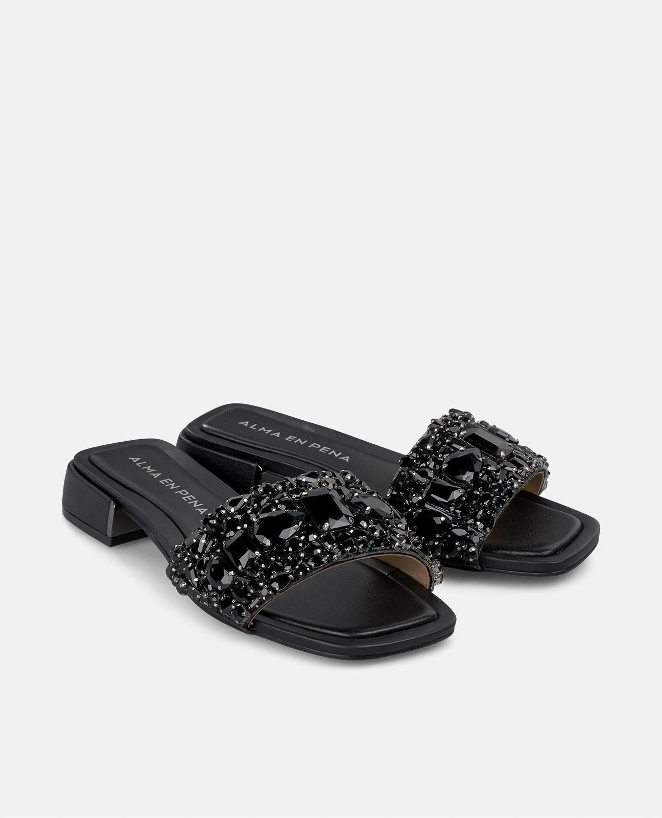 alma-en-pena-54108-flache-sandale-mit-strass-schwarz-eckige-zehe-3-5-cm-absatz image 2