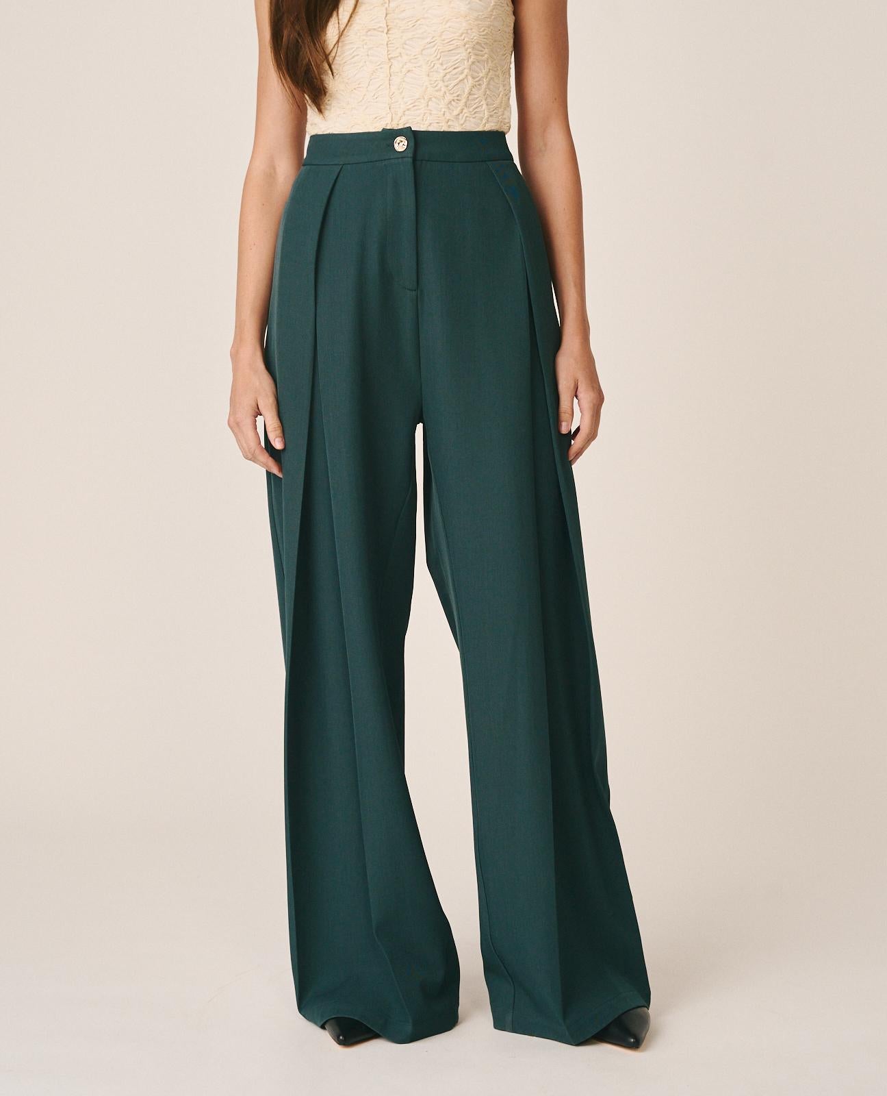 alma-en-pena-twill-hose-blau-mit-b-gelfalten-weites-bein image 2