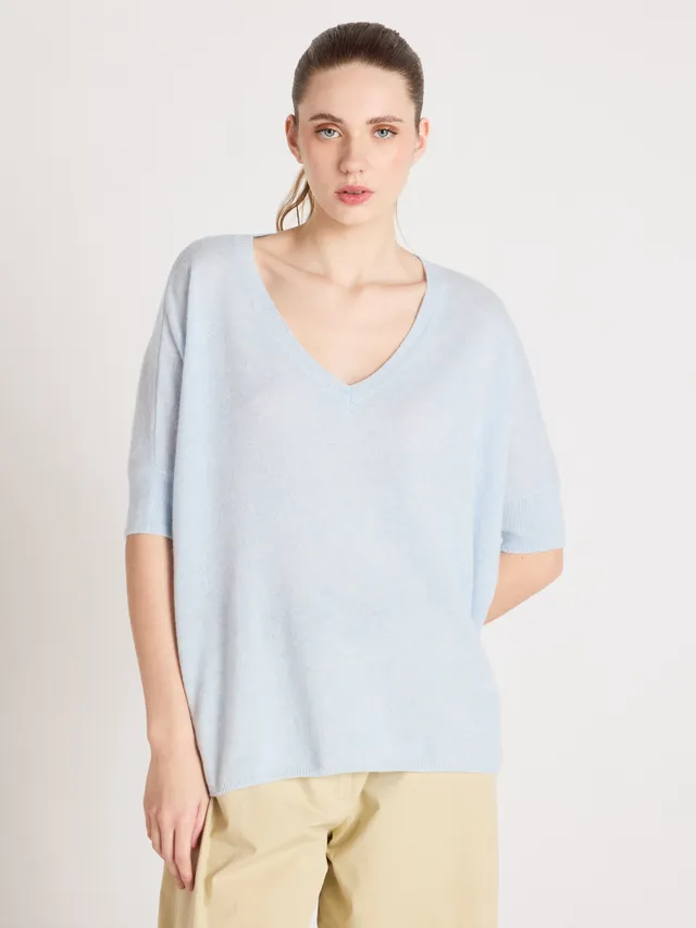 absolut-kate-pullover-poncho-100-kaschmir-v-ausschnitt-kurzarm-hellblau-heathere image 1