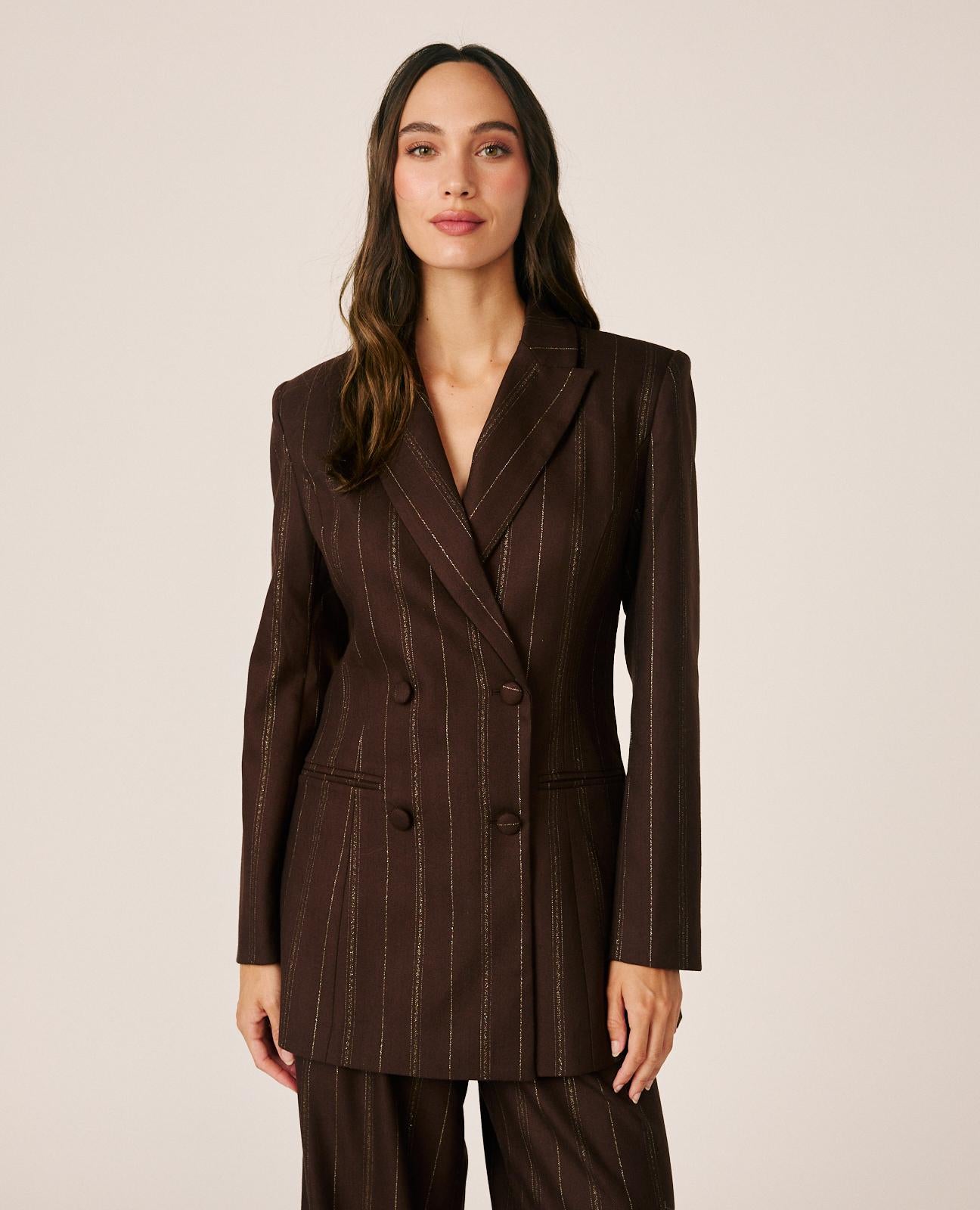 alma-en-pena-striped-twill-blazer-zweireihiger-damenblazer-braun-nadelstreifen image 2