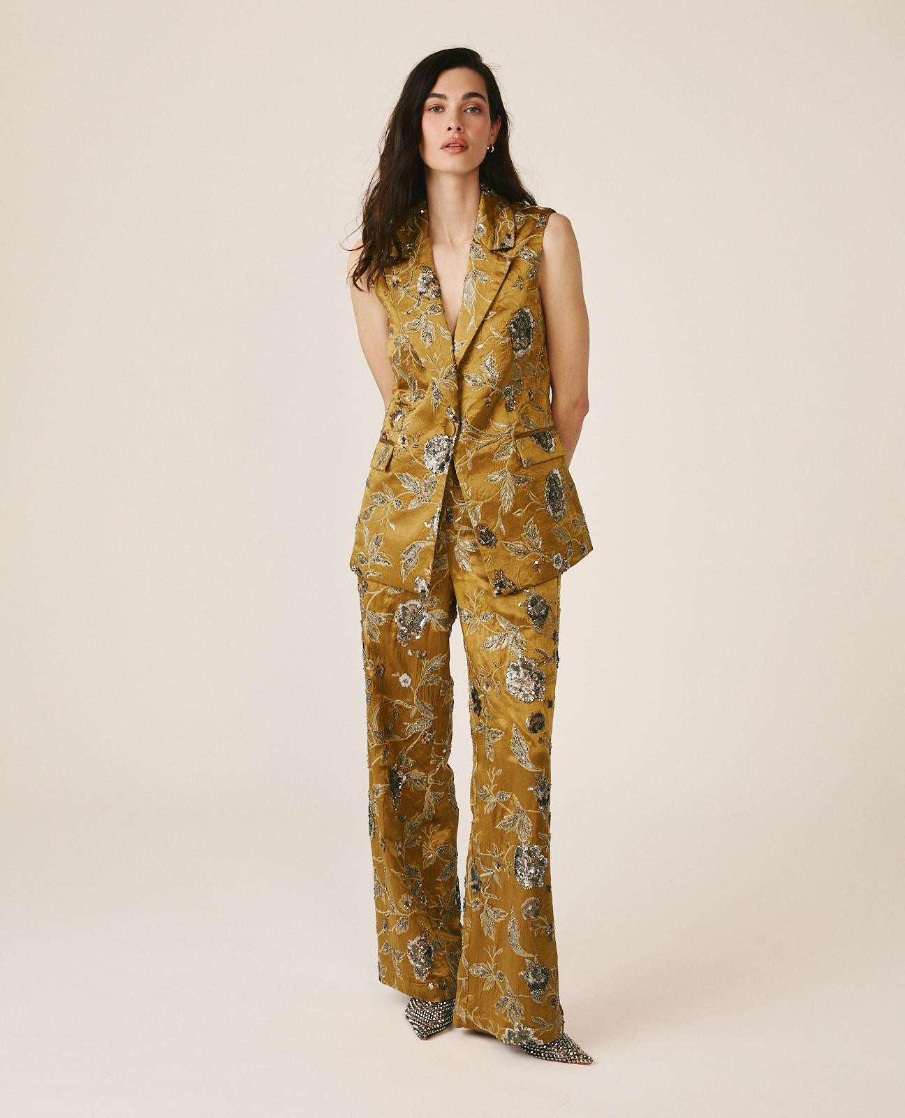 alma-en-pena-floral-vest-taillierte-satin-weste-khaki image 3