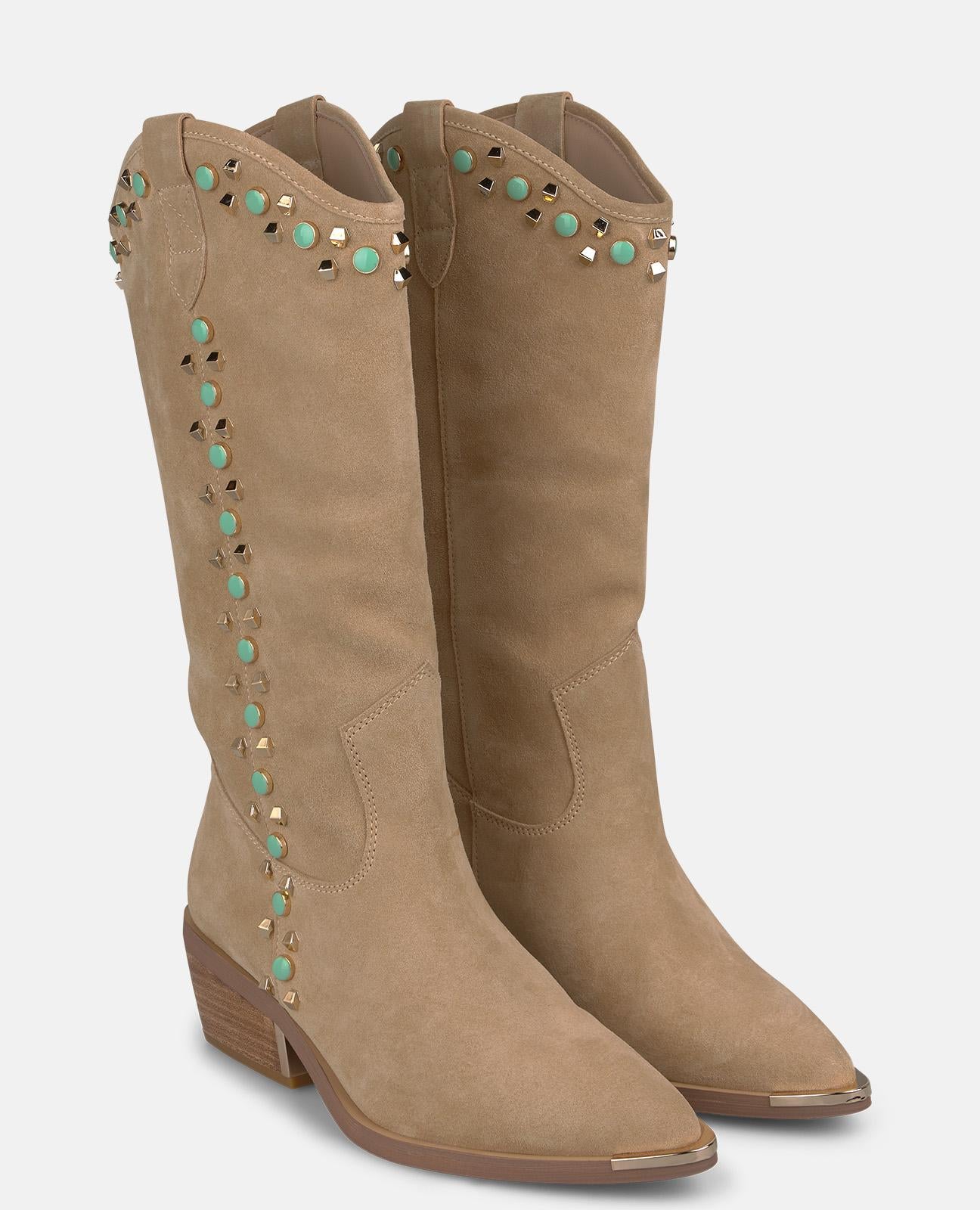 alma-en-pena-cowboy-boots-aus-veloursleder-mit-nieten-und-strass-beige image 2