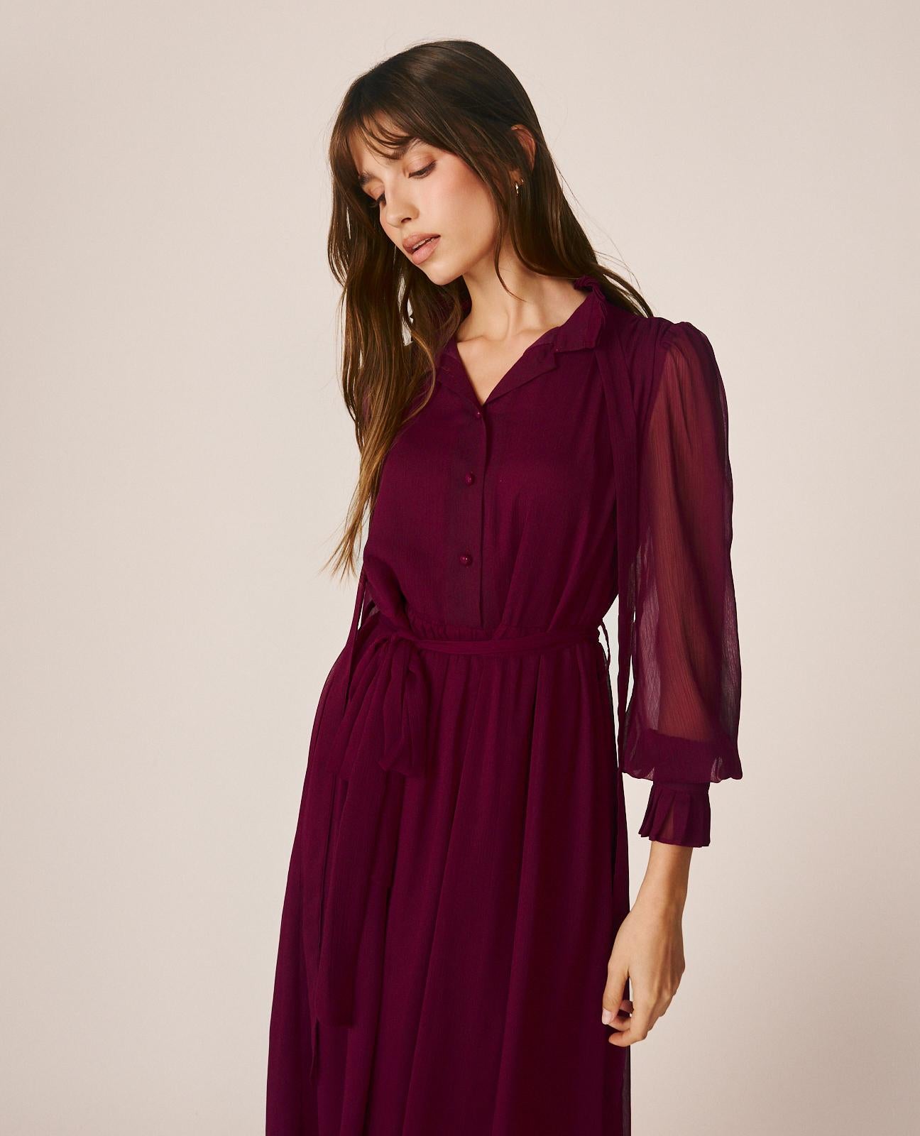 alma-en-pena-midi-chiffonkleid-hemdkragen-bordeaux image 4