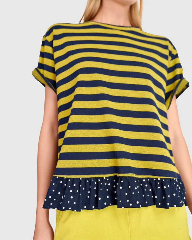 alembika-sunrise-ruffle-t-shirt-gelb-navy-damen image 1