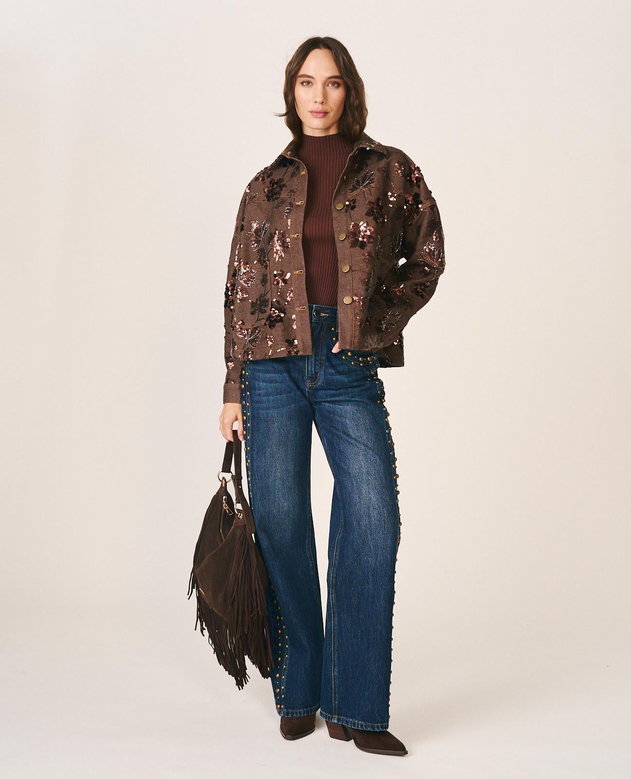 alma-en-pena-jeansjacke-aus-twill-mit-blumenstickerei-braun-perlen-und-paillette image 2