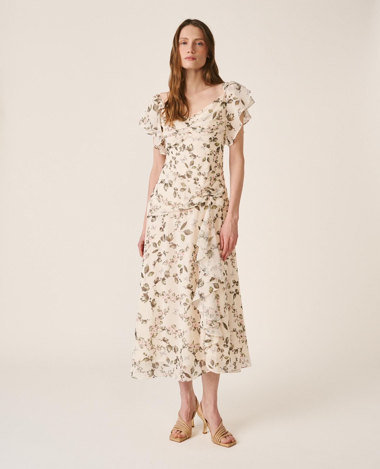 alma-en-pena-cape-sleeve-dress-langes-blumenkleid-gr-n-mit-v-ausschnitt image 1