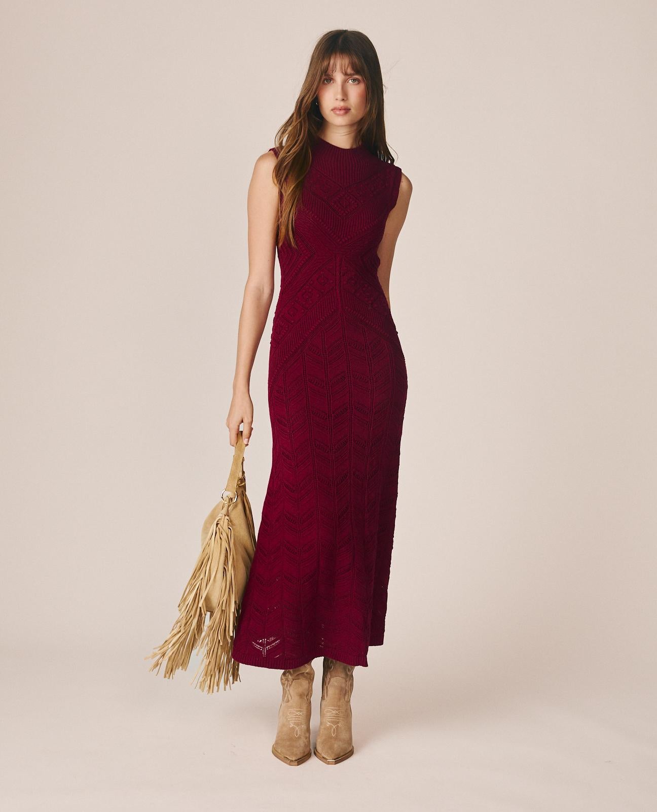 alma-en-pena-openwork-knit-maxikleid-bordeaux-100-baumwolle image 2