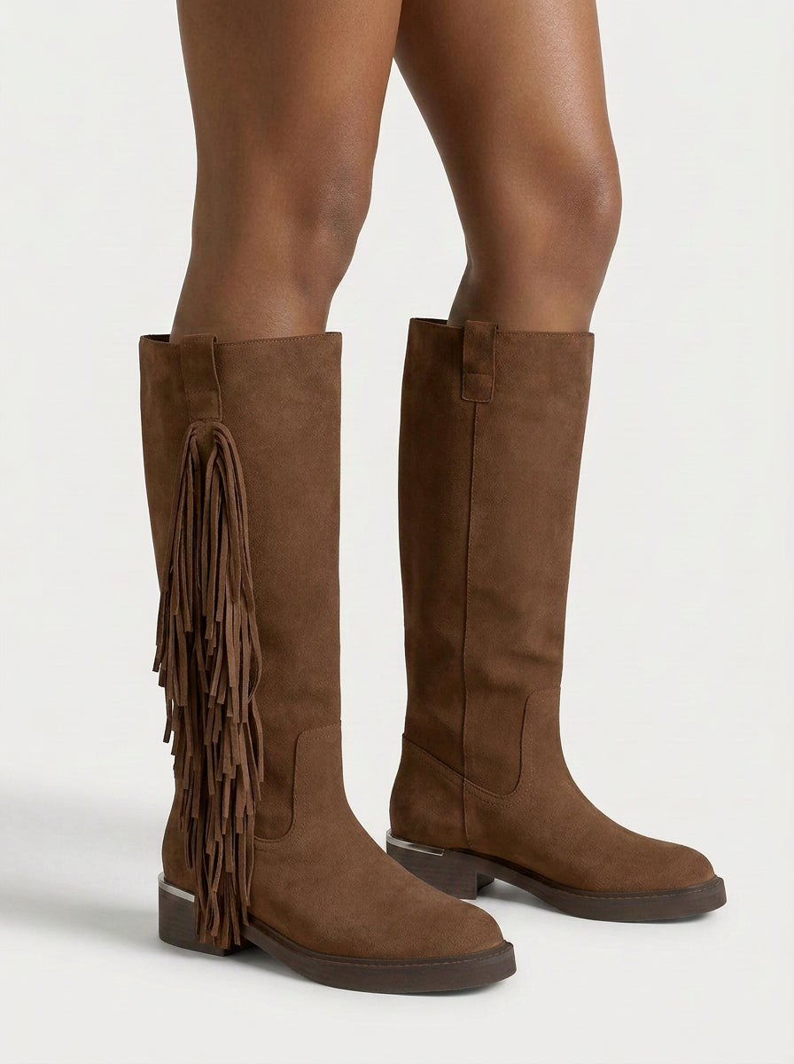 alma-en-pena-lederstiefel-mit-fransen-flache-stiefel-camel-4-cm image 5