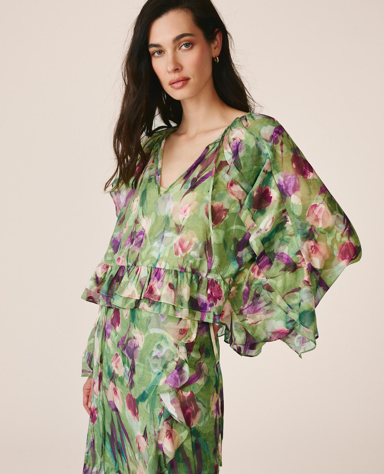 alma-en-pena-ruffle-sleeve-bluse-chiffon-bluse-mit-r-schen-v-ausschnitt-gr-n image 2