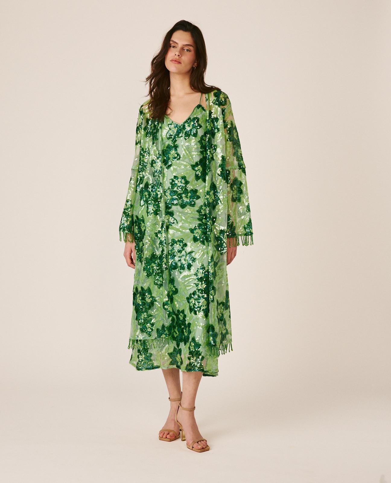 alma-en-pena-pailletten-kaftan-gr-n-mit-blumendruck image 1
