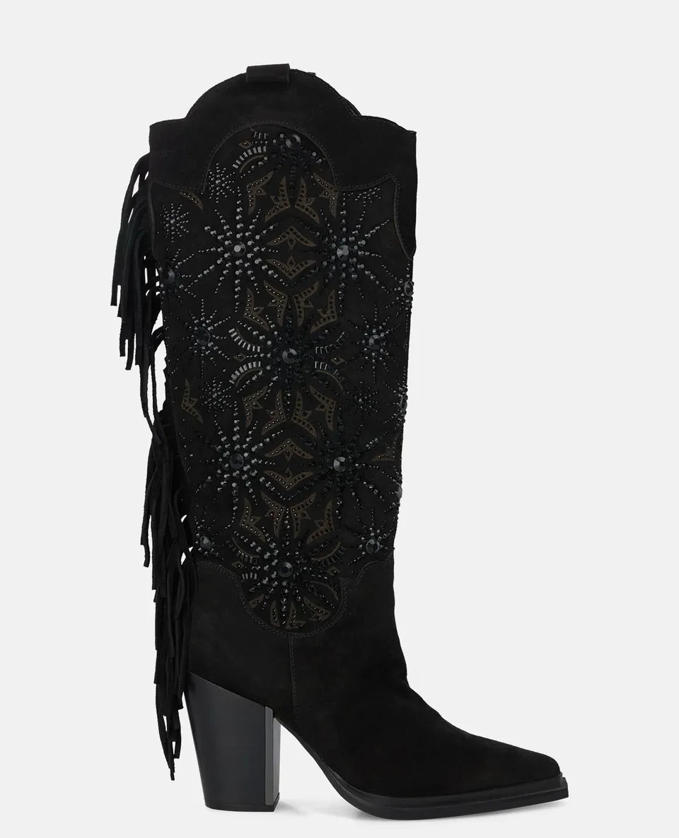 alma-en-pena-stiefelette-schwarz-9-5-cm-mit-strass-und-fransen image 1